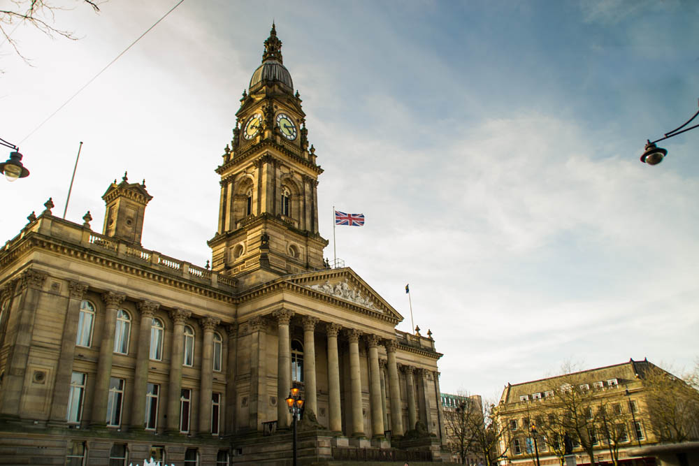 Bolton Town Hall with a blue sky background